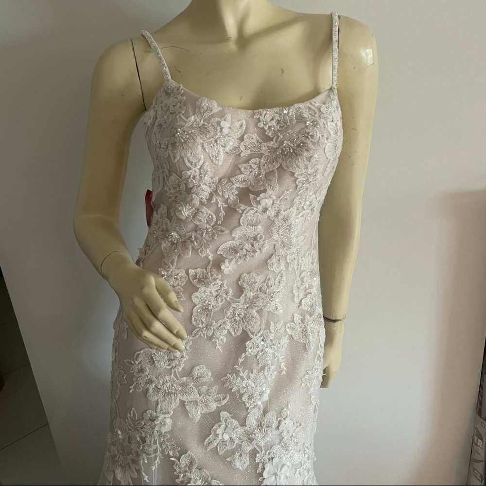 Oleg Cassini beaded floral trumpet wedding gown with low back & spaghetti straps